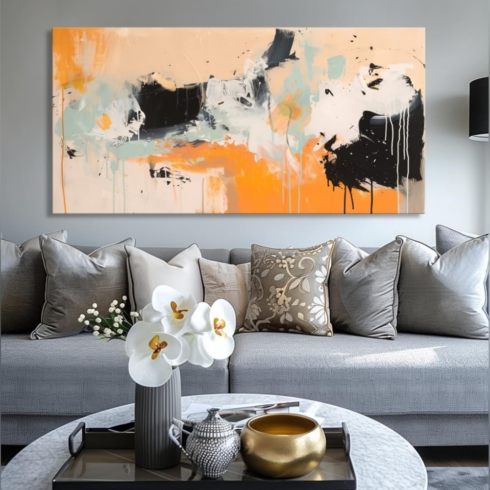 Abstract Orange & Black Ink Canvas โ 20"x40" Wall Art - Picture 1 of 10